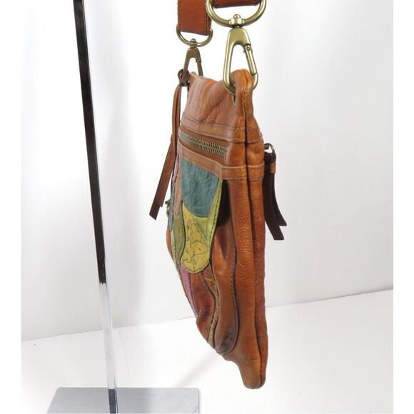 Vtg Fossil Colorful Patchwork Camel Brown Leather Crossbody Shoulder Bag KEY - Picture 4 of 8